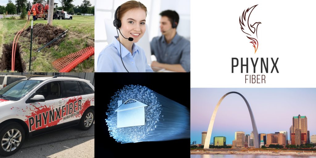 Phynx Fiber fire and phoenix bird logo, Missouri skyline, fiber optics with silver home icon, splash red and black logo on white car. Construction workers building fiber internet in a rural area. 