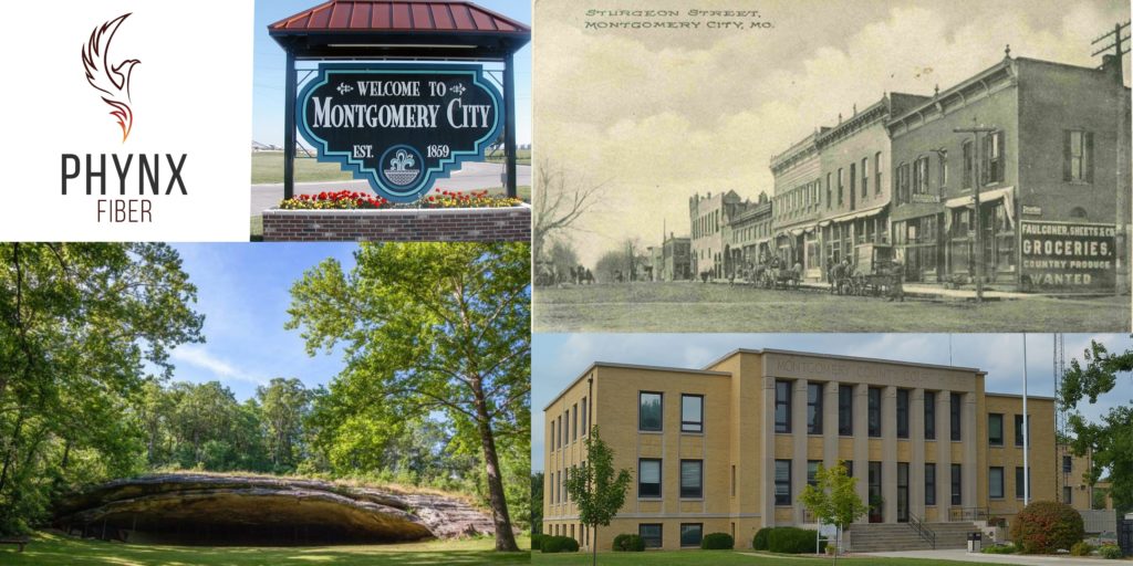 The county in Montgomery City Missouri has evidence of human habitation from 10,000 years ago, the Archaic period of indigenous Americans. An ancient site was found during archaeological excavations at Graham Cave on the Loutre River. Montgomery City Court house is a yellow brick building. Blue and white Welcome sign for Montgomery City, Missouri, old black and white photo of Montgomery city store fronts and model T ford cars on Sturgeon Street Montgomery City, MO. 